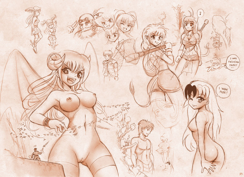 3boys 6+girls ass cleft_of_venus demon_girl felarya giant giantess horns iridan karbo multiple_boys multiple_girls nipples nude pussy smile sword weapon