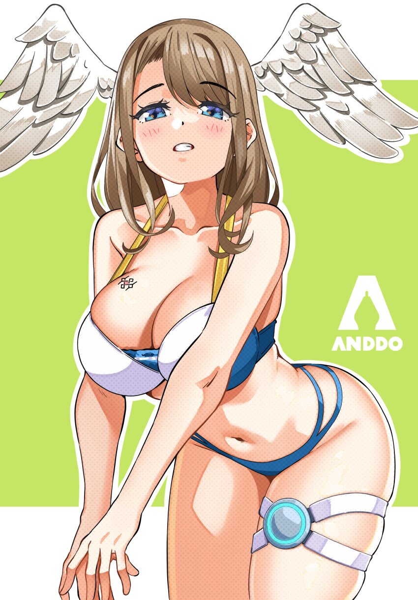 1girl absurdres angel_wings artist_name bikini blue_eyes breasts brown_hair eunie_(xenoblade) highres i_am_anddo large_breasts leaning_forward legs looking_at_viewer navel short_hair solo swimsuit thick_thighs thighs wings xenoblade_chronicles_(series) xenoblade_chronicles_3