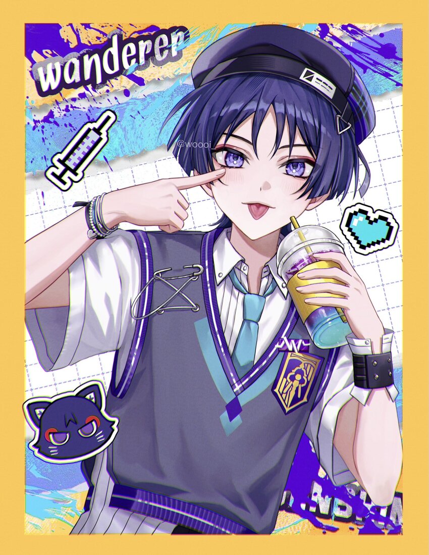 1boy :p absurdres akanbe alternate_costume aqua_necktie aqua_trim bead_bracelet beads beret blunt_ends border bracelet cardigan character_name coffee collared_shirt cup disposable_cup drinking_straw emblem eyelid_pull eyeliner eyeshadow finger_to_eye fingernails genshin_impact grey_cardigan hat heart highres holding holding_cup iced_coffee jewelry looking_at_viewer makeup male_focus necktie official_alternate_costume purple_eyes purple_hair purple_hat purple_trim red_eyeliner red_eyeshadow scaramouche_(cat)_(genshin_impact) scaramouche_(genshin_impact) shirt short_sleeves solo syringe tongue tongue_out upper_body wanderer_(genshin_impact) wanderer_(mega_mgc_coffee)_(genshin_impact) white_shirt white_sleeves white_undershirt woooi wrist_cuffs wristband yellow_border