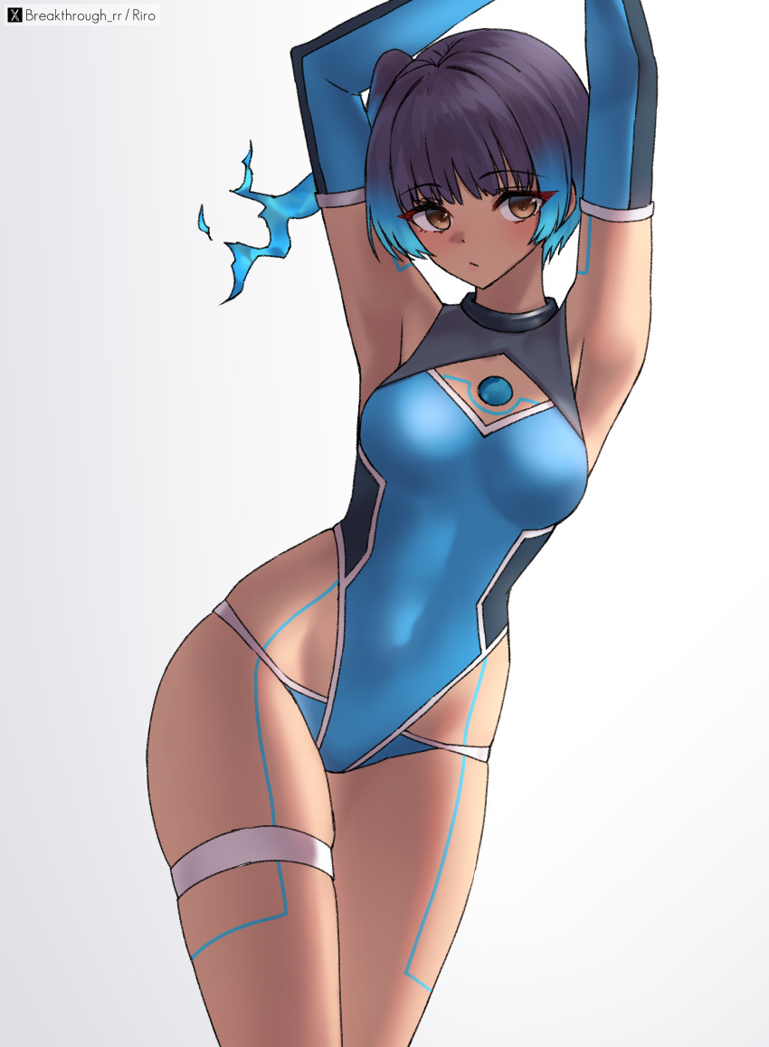 1girl absurdres alternate_costume armpits arms_up artist_name blue_hair blunt_bangs chest_jewel dark-skinned_female dark_skin fiery_hair glowing_lines glowing_markings gradient_hair highleg highres looking_at_viewer multicolored_hair one-piece_swimsuit presenting_armpit riro_(breakthrough_rr) sena_(xenoblade) simple_background solo standing swimsuit tan thigh_strap twitter_username two-tone_hair white_background xenoblade_chronicles_(series) xenoblade_chronicles_3