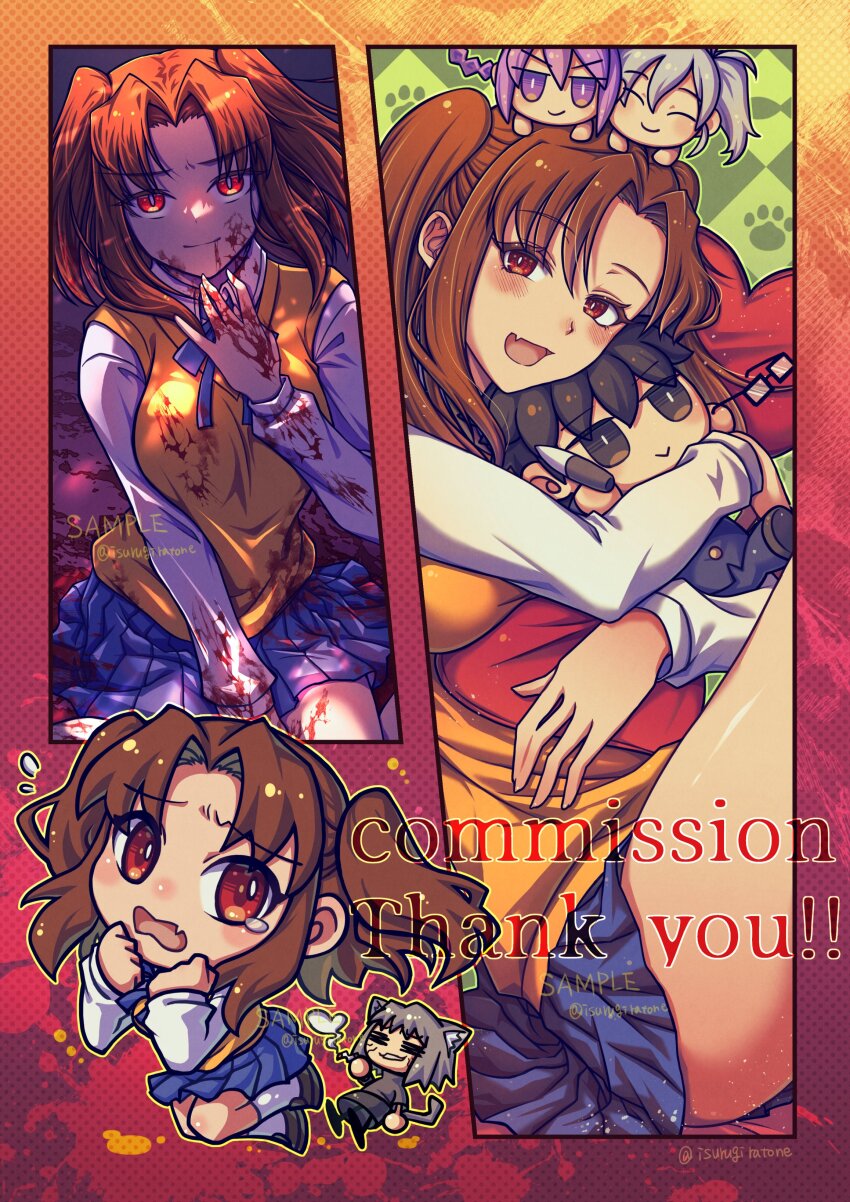 absurdres blue_skirt brown_eyes brown_hair chibi commission highres isurugiratone long_hair melty_blood miniskirt multiple_girls neco-arc_chaos pleated_skirt riesbyfe_stridberg sample_watermark shirt sion_eltnam_(type-moon) sion_eltnam_atlasia skirt sweater_vest tohno_shiki tsukihime twintails vgen_commission watermark white_shirt yellow_sweater_vest yumizuka_satsuki