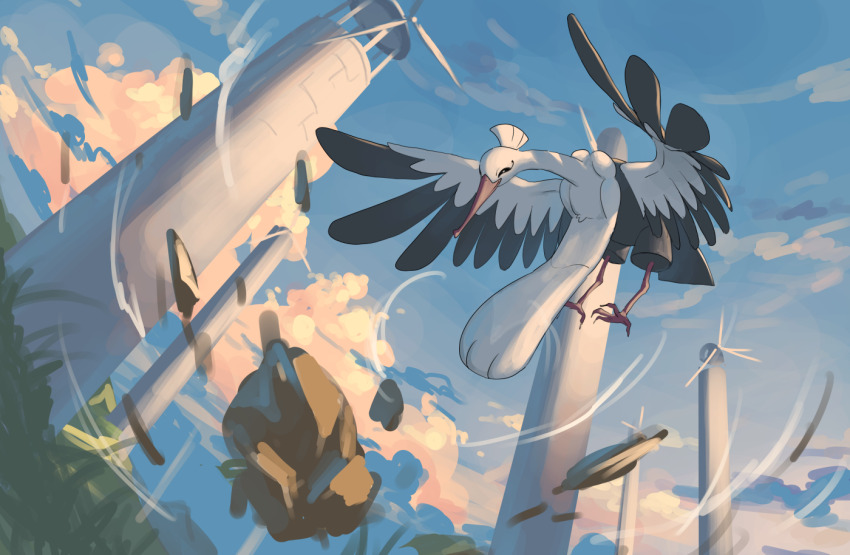 bird bombirdier cloud day flying nintendo no_humans outdoors pokemon rock tensen_(dotted_line) windmill