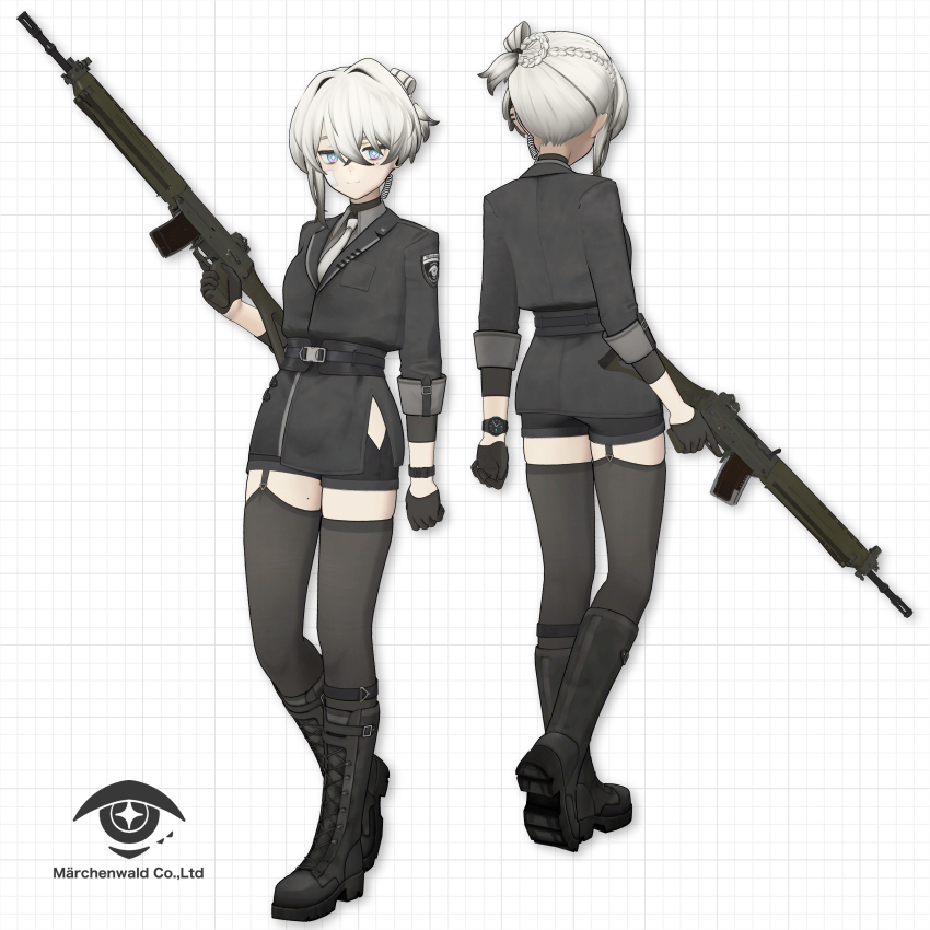 1girl 3d absurdres assault_rifle belt belt_buckle black_belt black_footwear black_gloves black_jacket black_shorts black_thighhighs blue_eyes boots braid breast_pocket buckle closed_mouth collared_shirt company_name crossed_bangs dani_periapsis earpiece facing_away folded_ponytail garter_straps gauze gauze_on_cheek gloves gradient_hair grey_hair grey_shirt grid_background gun hair_between_eyes half_up_braid heel_up highres hip_vent holding holding_gun holding_weapon insignia jacket knee_boots lace-up_boots logo looking_at_viewer mole mole_on_thigh mole_under_eye multicolored_eyes multicolored_hair multiple_moles multiple_views necktie original pocket police police_uniform policewoman ponytail purple_eyes rifle shin_strap shirt short_ponytail short_shorts shorts side_slit sig_sauer sig_sg550 simple_background single_garter_strap smile split_mouth star-shaped_pupils star_(symbol) suit_jacket symbol-shaped_pupils tell_(seallllion) thighhighs three-quarter_sleeves two-tone_eyes variant_set vrchat watch weapon white_background white_hair white_necktie wing_collar wristwatch