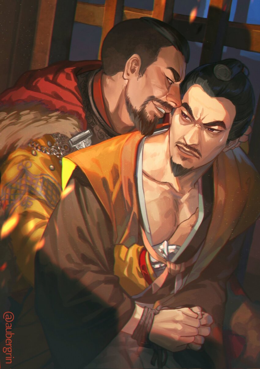 2boys aubergrin beard black_eyes black_hair bound bound_wrists brown_eyes brown_kimono coat collarbone commentary embers english_commentary evil_grin evil_smile facial_hair frown fur-trimmed_coat fur_trim furrowed_brow ghost_of_tsushima goatee grin hair_pulled_back hand_on_another&#039;s_head highres japanese_clothes kataginu khotun_khan kimono light_particles long_sleeves looking_at_another looking_to_the_side lord_shimura male_focus mature_male mongolian_clothes multiple_boys mustache open_clothes open_kimono own_hands_together pectorals short_hair sideburns_stubble smile stubble sweatdrop twitter_username very_short_hair wide_sleeves yellow_coat