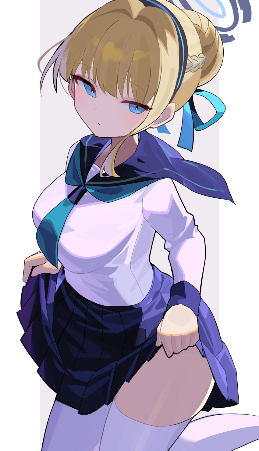 1girl absurdres blonde_hair blue_archive blue_eyes blue_halo blue_ribbon blue_skirt clothes_lift commentary_request falken_(yutozin) hair_ribbon halo highres kneeling lifting_own_clothes long_hair ribbon shirt skirt skirt_lift solo thighhighs toki_(blue_archive) white_shirt white_thighhighs