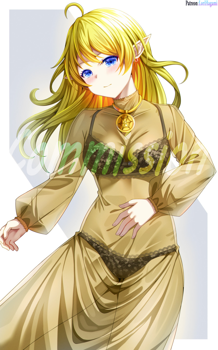 absurdres black_bra black_panties blonde_hair blue_eyes bra breasts cleavage commission commissioner_upload elf highres jewelry long_hair lori_hagami lotte_farona necklace official_art panties pointy_ears see-through_clothes see-through_sleeves small_breasts underwear ways_of_darkness_(series)