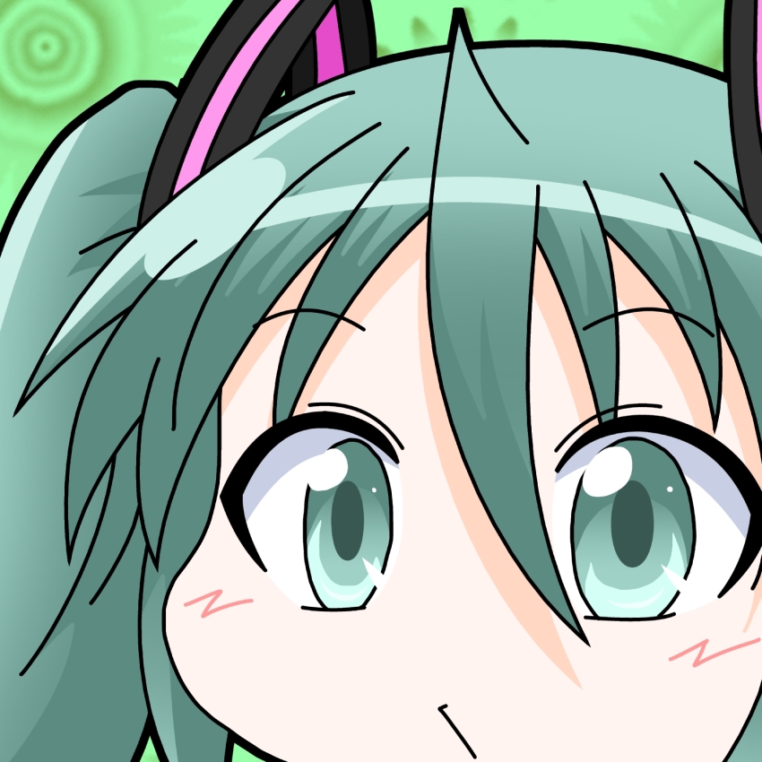 1girl :/ aqua_eyes aqua_hair close-up commentary green_background hair_between_eyes hatsune_miku highres mikazuki_neko solo twintails vocaloid