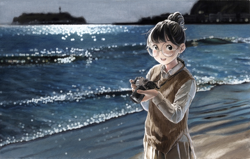 1girl absurdres beach black_eyes blurry blurry_background bokeh camera collared_shirt colored_pencil_(medium) cowboy_shot day depth_of_field glasses hair_bun highres holding holding_camera looking_at_viewer nekojarashi_(yuuga) open_mouth original outdoors round_eyewear shirt single_hair_bun smile solo sweater_vest traditional_media waves white_shirt