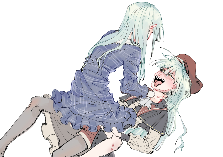 2girls absurdres anger_vein bang_dream! bang_dream!_it&#039;s_mygo!!!!! black_capelet blue_dress brown_pantyhose capelet casual chinese_commentary commentary_request crazy dress dual_persona earrings face-to-face facing_away frilled_dress frills girl_on_top green_hair half-closed_eyes hand_on_another&#039;s_neck hand_on_another&#039;s_thigh hat highres jewelry killkiss_(bang_dream!) kokutouemmm long_hair long_sleeves looking_at_another medium_dress mortis_(bang_dream!) mortis_(costume)_(bang_dream!) mortis_(persona)_(bang_dream!) multiple_girls open_mouth pantyhose plaid_clothes plaid_dress red_hat red_shorts shorts showgirl_skirt simple_background sleeve_cuffs spread_legs straddling strangling teeth tongue tongue_out upper_teeth_only veins veiny_hands wakaba_mutsumi white_background yellow_eyes