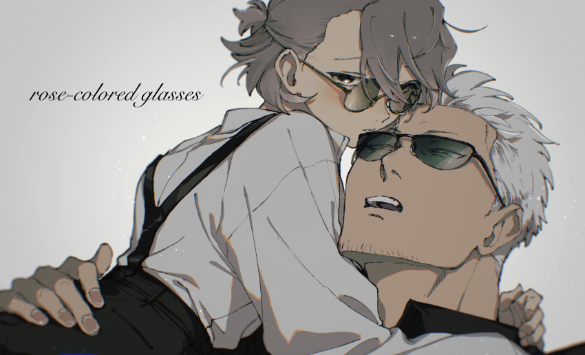 1boy 1girl absurdres arms_around_neck asymmetrical_bangs black-framed_eyewear black_pants commentary_request couple english_text facial_hair glasses goatee_stubble grey_background grey_hair hand_on_another&#039;s_ass heads_together hetero highres kabane_(rjev8385) lifting_person light_particles long_sleeves looking_at_viewer looking_over_eyewear oc_x_canon one_piece open_mouth original over-rim_eyewear pants parted_lips ponytail round_eyewear semi-rimless_eyewear shirt short_ponytail smoker_(one_piece) stubble suspender_pants suspenders swept_bangs teeth tinted_eyewear under-rim_eyewear upper_body upper_teeth_only white_hair white_shirt yellow_eyes