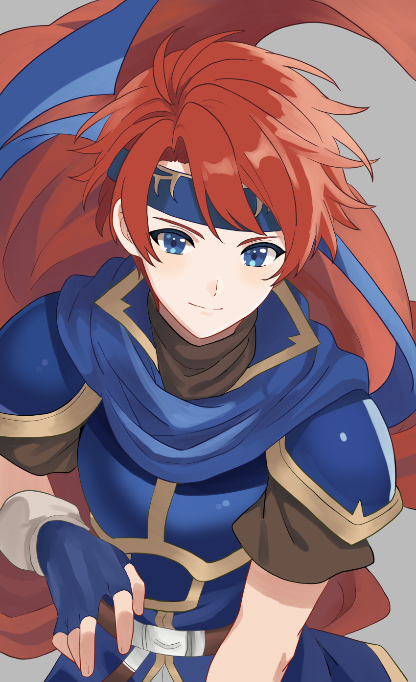 1boy absurdres armor blue_eyes blue_hair brown_shirt cape closed_mouth commentary_request fingerless_gloves fire_emblem fire_emblem:_the_binding_blade gloves headband highres looking_at_viewer male_focus n_54 nintendo red_cape red_hair roy_(fire_emblem) shirt short_hair short_sleeves simple_background smile solo upper_body
