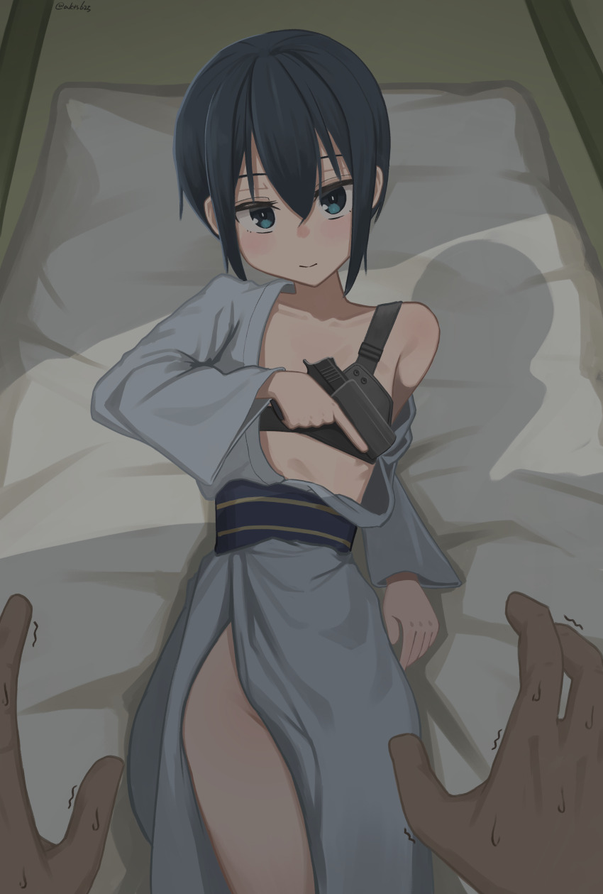 1boy 1girl absurdres akts625 androgynous artist_name bedroom belt black_hair blue_belt blue_eyes blue_kimono blue_sash breasts chest_harness chest_holster closed_mouth commentary dark disembodied_hand from_above futon groin gun hair_between_eyes handgun harness highres holding holding_gun holding_weapon indoors japanese_clothes kimono kino_(kino_no_tabi) kino_no_tabi light_blush light_smile long_sleeves looking_at_viewer looking_up lying midriff_peek nervous_sweating no_bra no_panties obi off_shoulder on_back open_clothes open_kimono pov pov_hands romaji_commentary sash short_hair side_slit sidelocks signature single_bare_shoulder small_breasts solo_focus sweat tatami tomboy trembling trigger_discipline very_short_hair weapon weapon_request wide_sleeves yukata