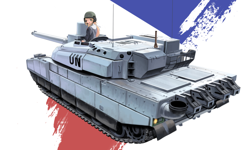 1girl antennae blonde_hair brown_eyes brown_helmet caterpillar_tracks chinese_commentary exhaust_pipe french_flag grey_shirt headset helmet highres leclerc_(tank) long_hair long_sleeves looking_at_viewer military military_vehicle mo_yu_de_jiaozi motor_vehicle one_eye_closed open_mouth original shirt simple_background solo tank tank_turret united_nations upper_body vehicle_focus white_background