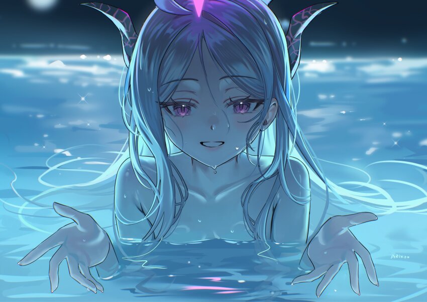 1girl ariko_(aaaaarik) blue_archive breasts collarbone halo highres hina_(blue_archive) horns i&#039;ll_teach_you_everything_(chainsaw_man) long_hair looking_at_viewer middle_part multiple_horns nude partially_submerged pink_eyes pink_halo pool reaching reaching_towards_viewer scene_reference small_breasts solo upper_body water white_hair