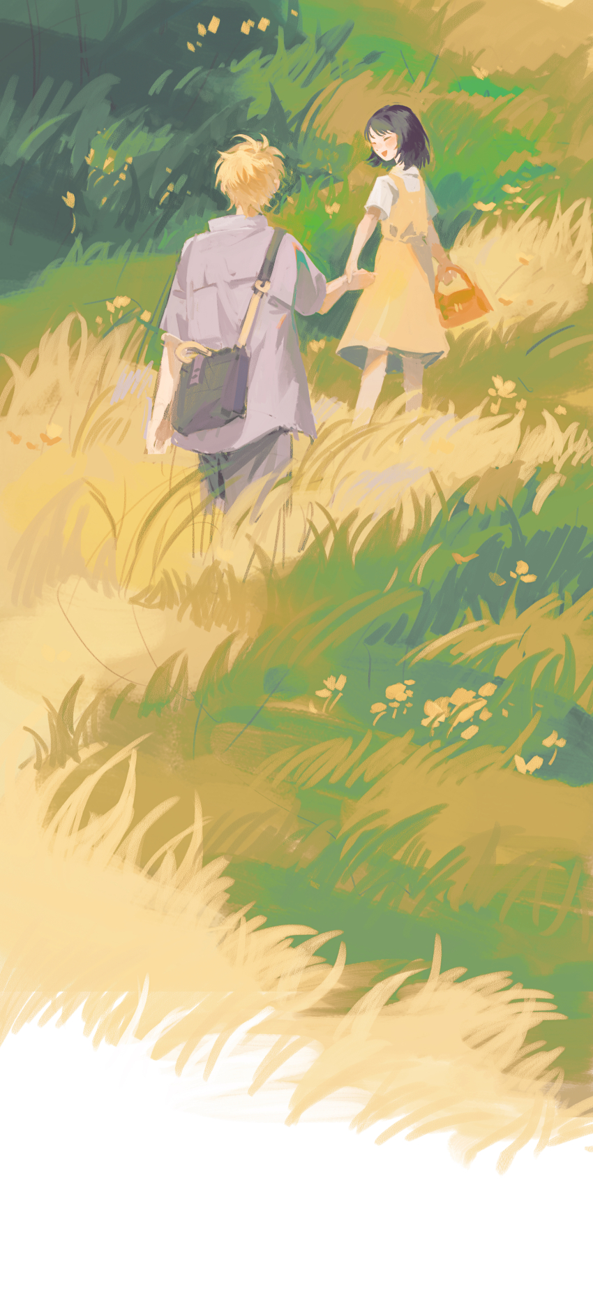 1boy 1girl absurdres bag black_hair blonde_hair day dress field grey_shirt handbag highres holding_hands iwakura_mitsumi male_focus mercury_ball_(qq28042742) outdoors shima_sousuke shirt skip_to_loafer smile standing yellow_dress