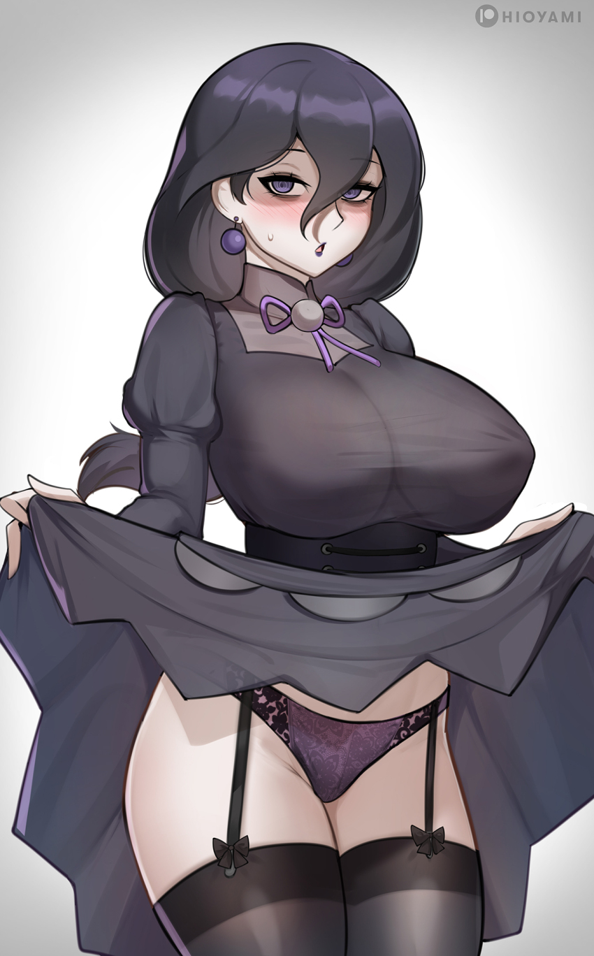 1girl black_dress black_eyeliner black_garter_straps black_hair black_thighhighs breasts clothes_lift cowboy_shot curvy dress dress_lift earrings eyeliner garter_straps hex_maniac_(pokemon_legends:_z-a) highres hioyami jewelry large_breasts lifting_own_clothes makeup nintendo panties pokemon pokemon_legends:_z-a purple_eyes purple_hair purple_lips purple_panties solo thighhighs underwear