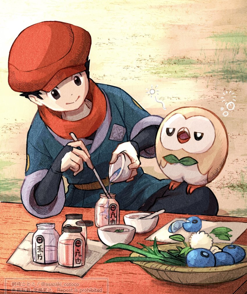 1boy asazaki_(asa_no_yashiki) berry_(pokemon) black_eyes black_hair black_pants black_shirt blue_jacket bowl closed_mouth commentary_request day gen_7_pokemon hat highres holding holding_bowl jacket jar looking_down male_focus nintendo oran_berry outdoors pants pokemon pokemon_(creature) pokemon_legends:_arceus pokemon_on_leg red_headwear red_scarf rei_(pokemon) rowlet sash scarf shirt short_hair sitting smile split_mouth
