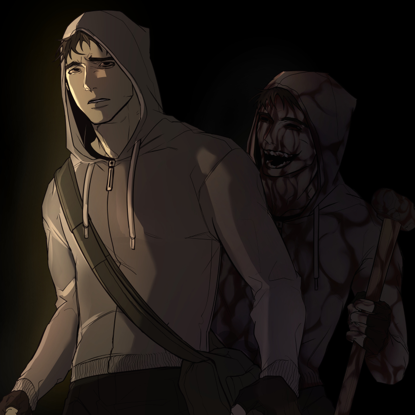 2boys absurdres bag bags_under_eyes black_background black_gloves black_hair blood blood_from_forehead blood_on_face bloodshot_eyes crazy_grin cry_of_fear d: exhausted fingerless_gloves gloves grey_hoodie head_tilt highres hood hood_up hoodie ju-san looking_at_another multiple_boys open_mouth short_hair shoulder_bag sidelighting simon_henriksson simon_henriksson_(book) slouching stalking upper_body worried