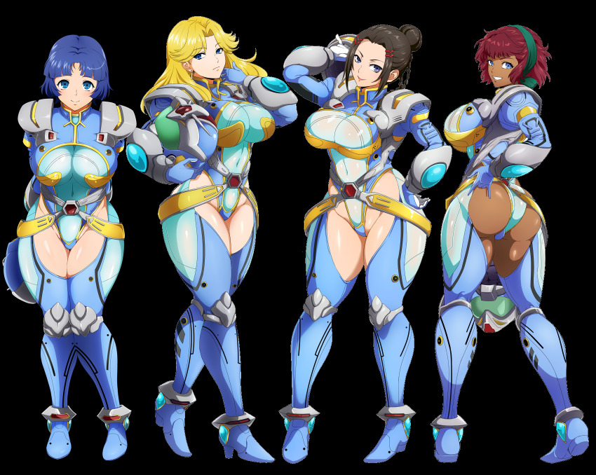 4girls ass blonde_hair blue_eyes blue_hair bodysuit breasts brown_hair chaps dark-skinned_female dark_skin grin helmet high_ponytail highres kusuha_mizuha large_breasts leona_garstein long_hair looking_at_viewer multiple_girls ponytail raburebo red_hair ricarla_borgnine rio_meilong smile super_robot_wars super_robot_wars_alpha super_robot_wars_original_generation thick_thighs thighs transparent_background wide_hips