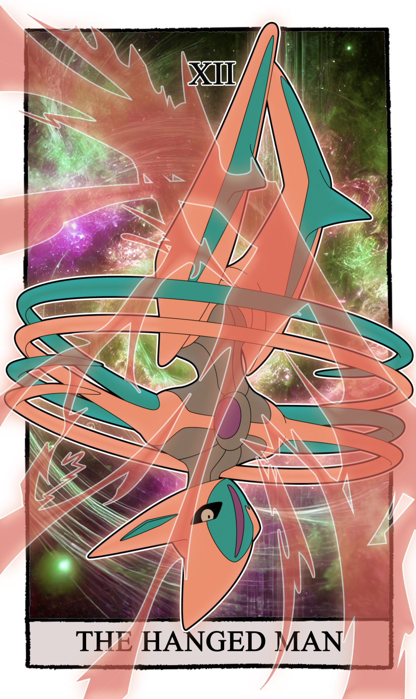 1other absurdres black_sclera border brown_eyes card_(medium) carrotzmoonman colored_sclera commentary deoxys english_commentary english_text gen_3_pokemon highres looking_ahead mythical_pokemon nintendo pokemon pokemon_(creature) roman_numeral solo tarot tarot_(medium) the_hanged_man_(tarot) upside-down white_border