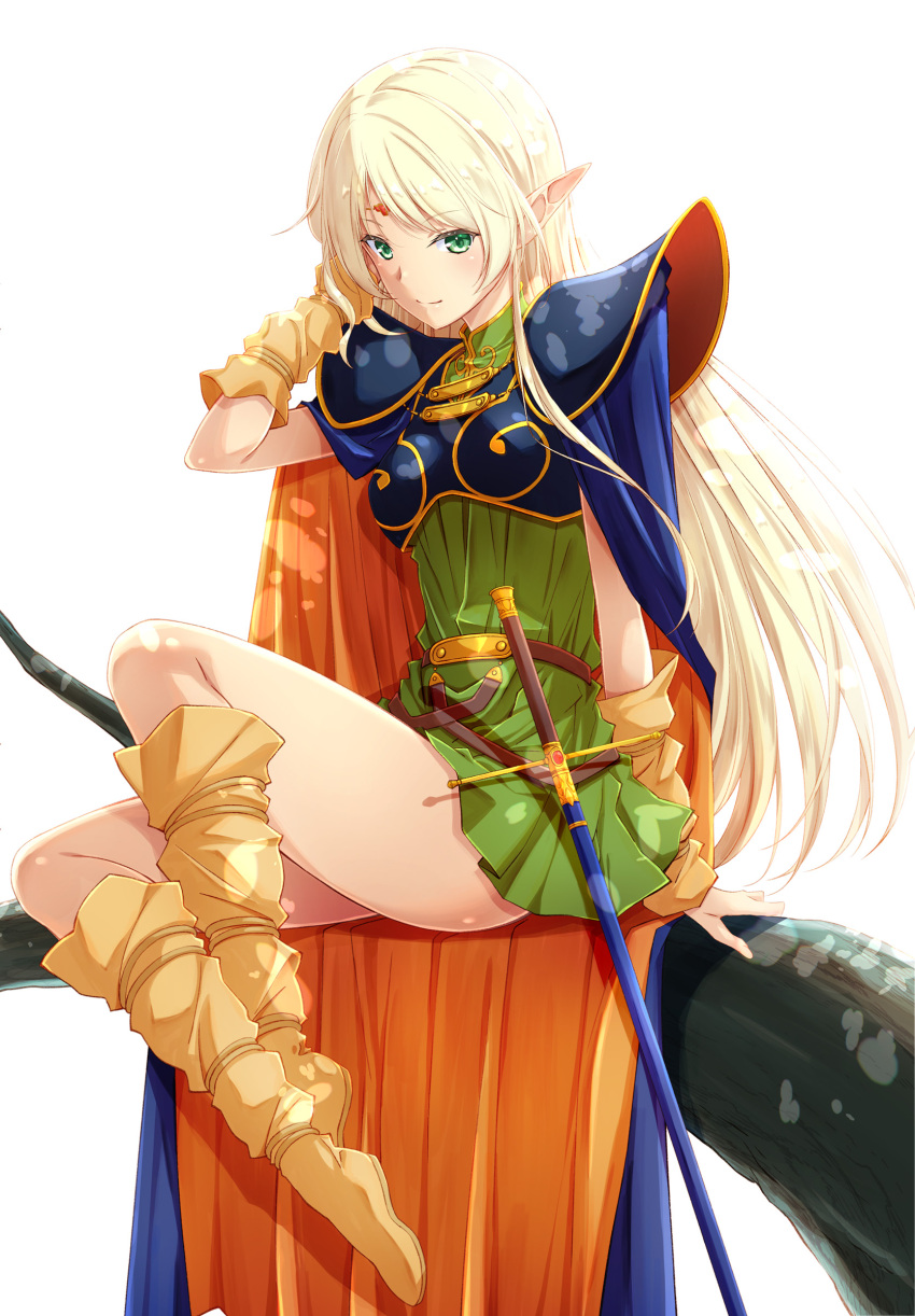 1girl absurdres armor blonde_hair boots breasts cape commentary_request deedlit elf green_eyes highres izumi_mahiru long_hair looking_at_viewer pauldrons pointy_ears record_of_lodoss_war shoulder_armor sitting small_breasts smile solo sword weapon