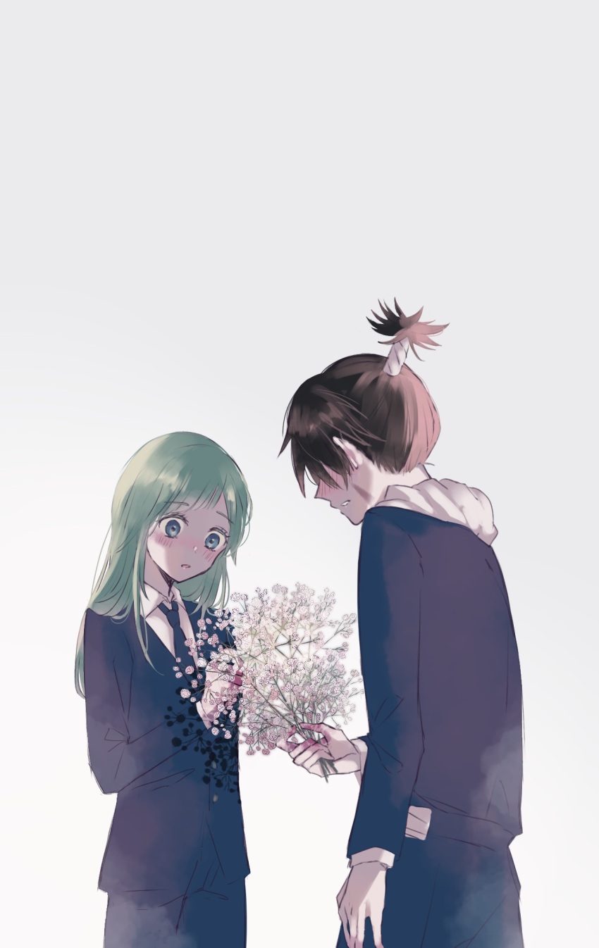 0404m 1boy 1girl :o black_jacket black_necktie black_suit blue_hair blush bouquet brown_eyes commentary_request diagonal_bangs facial_scar flower formal_clothes gakuran giving hetero high_collar highres holding holding_bouquet jacket jujutsu_kaisen jujutsu_tech_uniform long_hair miwa_kasumi muta_kokichi necktie pant_suit pants scar scar_on_cheek scar_on_face school_uniform simple_background suit topknot white_background