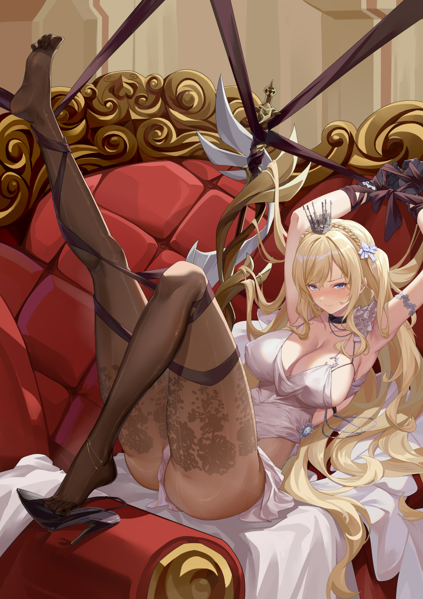 1girl absurdres anklet armpits arms_up artist_name ass beads black_choker black_gloves black_pantyhose blonde_hair blue_eyes blush bound bound_arms bound_legs breasts choker cleavage collarbone commentary_request couch crown dress feet gem gloves hair_between_eyes hair_ornament hair_spread_out high_heels highres indoors jewelry knee_up large_breasts lazgear leg_up long_hair looking_at_viewer mini_crown on_couch pantyhose patent_heels print_pantyhose pumps restrained richelieu_(warship_girls_r) shoes single_shoe soles solo stiletto_heels toes very_long_hair warship_girls_r white_dress