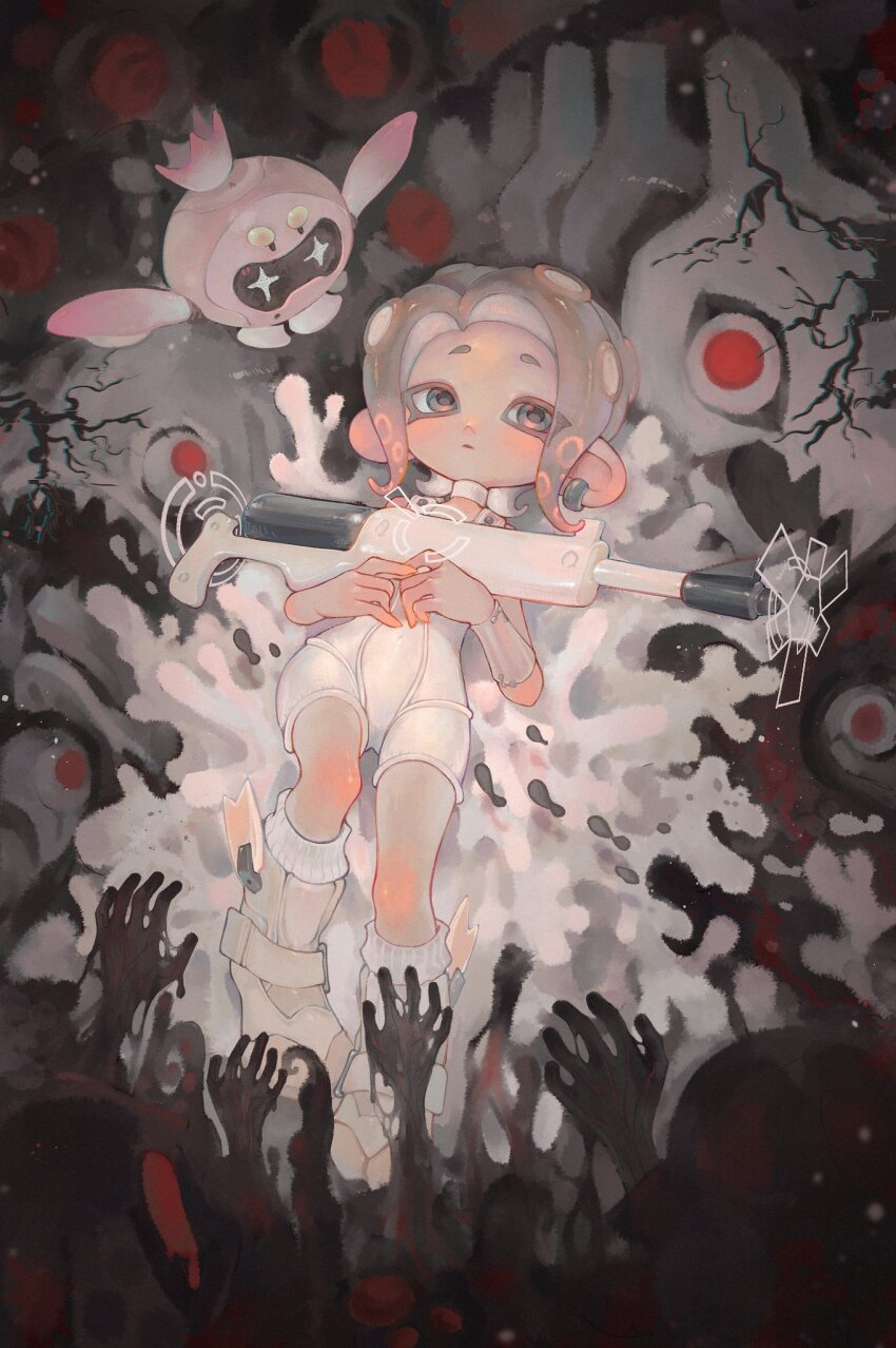 2girls agent_8_(splatoon) bodysuit drone earrings floating glitch glowing glowing_eyes grey_eyes grey_hair gun highres holding holding_gun holding_weapon jelleton jewelry liang_cun_rakuna lying medium_hair multiple_girls nintendo non-humanoid_robot octoling octoling_girl octoling_player_character on_back pearl_(splatoon) pearl_drone_(splatoon) red_eyes robot sleeveless sleeveless_bodysuit splat_charger_(splatoon) splatoon_(series) splatoon_3 splatoon_3:_side_order tentacle_hair weapon white_bodysuit white_footwear