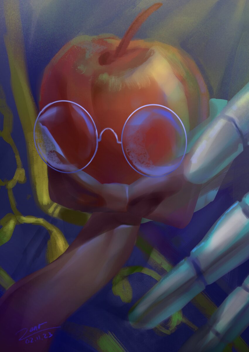 2boys a_knight_(reverse:1999) apple apple_(reverse:1999) blue_cape bow bowtie cape collar commentary dated detached_collar english_commentary floating_cape food fruit gauntlets highres male_focus multiple_boys necktie reverse:1999 round_eyewear shin_0z signature