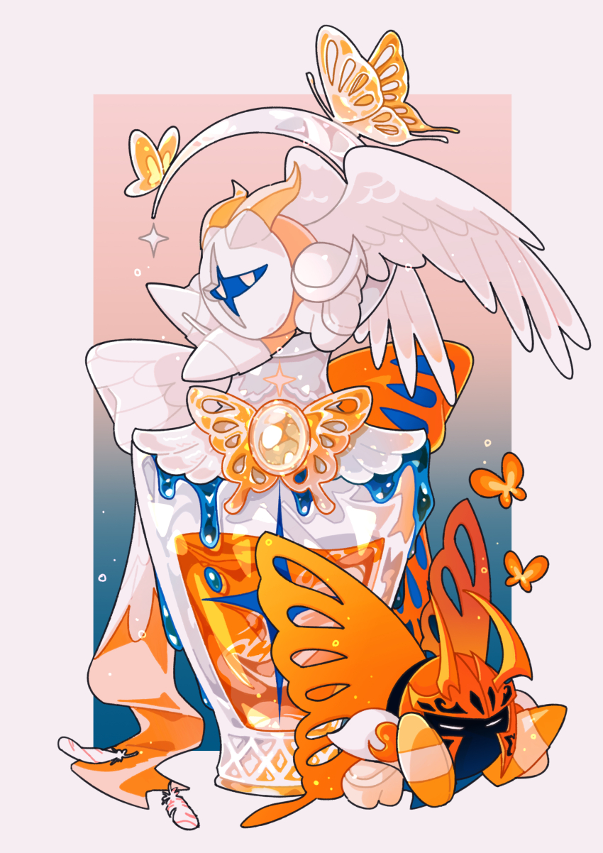 absurdres border bubble bug butterfly closed_eyes crescent drink feathers galacta_knight glef_life gradient_background highres insect kirby_(series) mask morpho_knight morpho_knight_(butterfly) nintendo no_humans orange_wings sitting white_border white_wings wings