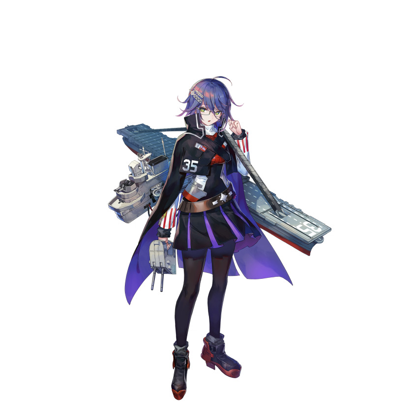 1girl ahoge artist_request autocannon belt black_cape black_dress bofors_40_mm_gun brown_belt cannon cape dress flight_deck full_body glasses green_eyes highres machinery multicolored_cape official_art purple_cape purple_hair purple_skirt reprisal_(steelblue_mirage) rigging skirt solo steelblue_mirage transparent_background warship_girls_r