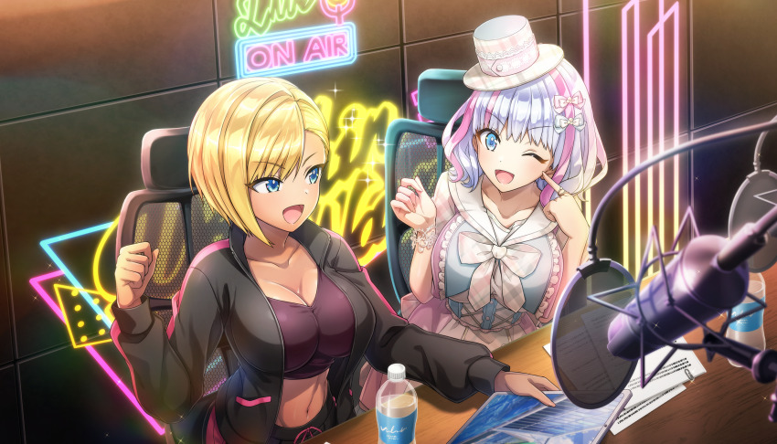 2girls blonde_hair blue_eyes bow breasts chair cleavage dark-skinned_female dark_skin dolphin_wave game_cg hair_bow hat highres jacket kukuri_tomo large_breasts microphone multicolored_hair multiple_girls murahaya_mashio non-web_source official_art on_chair one_eye_closed ootomo_takuji open_clothes open_jacket pink_hair puffy_sleeves purple_hair sailor_collar short_hair smile swept_bangs two-tone_hair wavy_hair