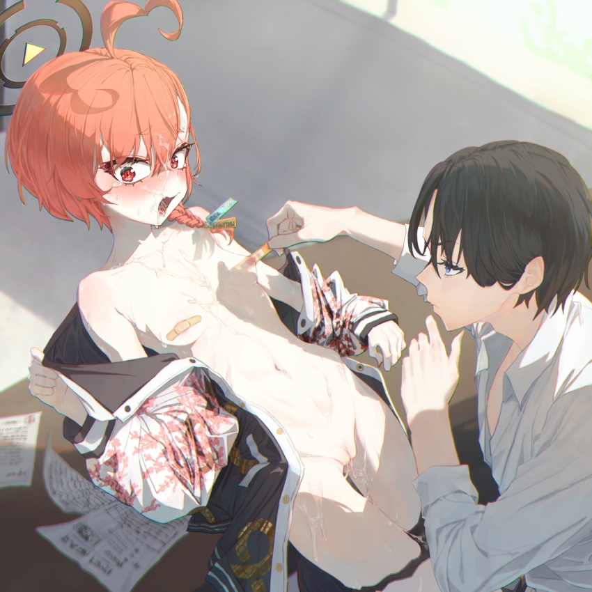 1girl aftersex bare_shoulders black_hair black_halo black_panties blue_archive blue_eyes female_pubic_hair flannel halo highres ilyowal medium_hair multicolored_halo neru_(blue_archive) orange_eyes orange_hair panties panty_pull pubic_hair pussy sensei_(blue_archive) sparse_pubic_hair thighs two-tone_halo uncensored underwear yellow_halo