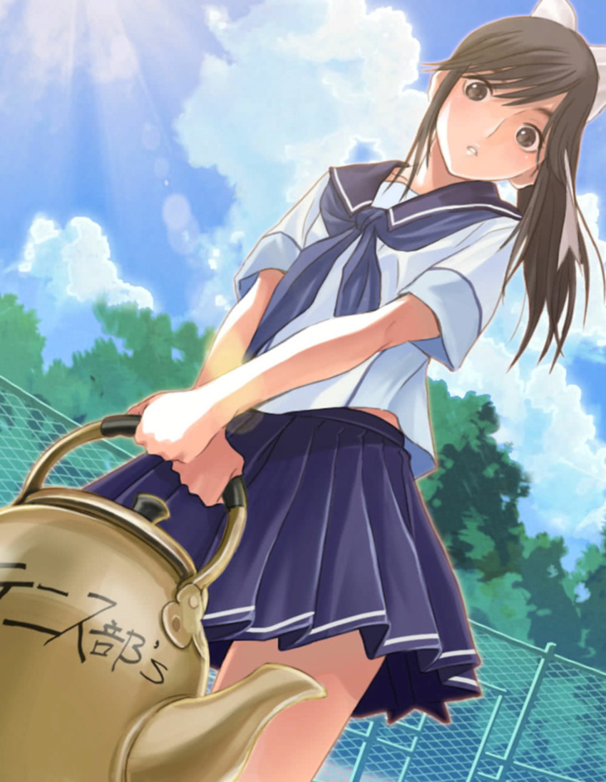 1girl :o black_eyes black_hair blue_sailor_collar blue_skirt blue_sky chain-link_fence cloud collarbone dutch_angle fence hair_ornament highres holding holding_kettle kettle lens_flare light_rays long_hair looking_at_viewer looking_down love_plus neckerchief official_art open_mouth outdoors parted_lips pleated_skirt ponytail sailor_collar school_uniform serafuku short_sleeves skirt sky solo standing summer_uniform sunbeam sunlight takane_manaka tree