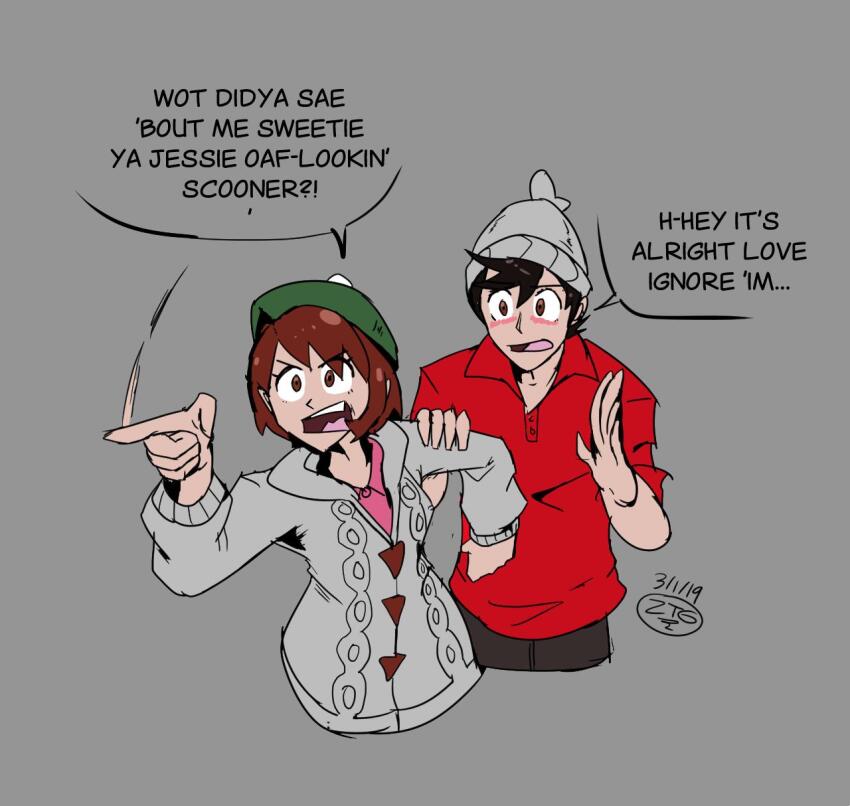 1boy 1girl brown_hair cardigan clenched_hand collared_shirt creatures_(company) dated deputy_rust game_freak gloria_(pokemon) grey_background grey_cardigan grey_hat hat highres looking_at_another nintendo open_mouth pointing pokemon pokemon_swsh red_shirt scottish_pokemon_trainer_(meme) shirt simple_background tam_o&#039;_shanter victor_(pokemon)