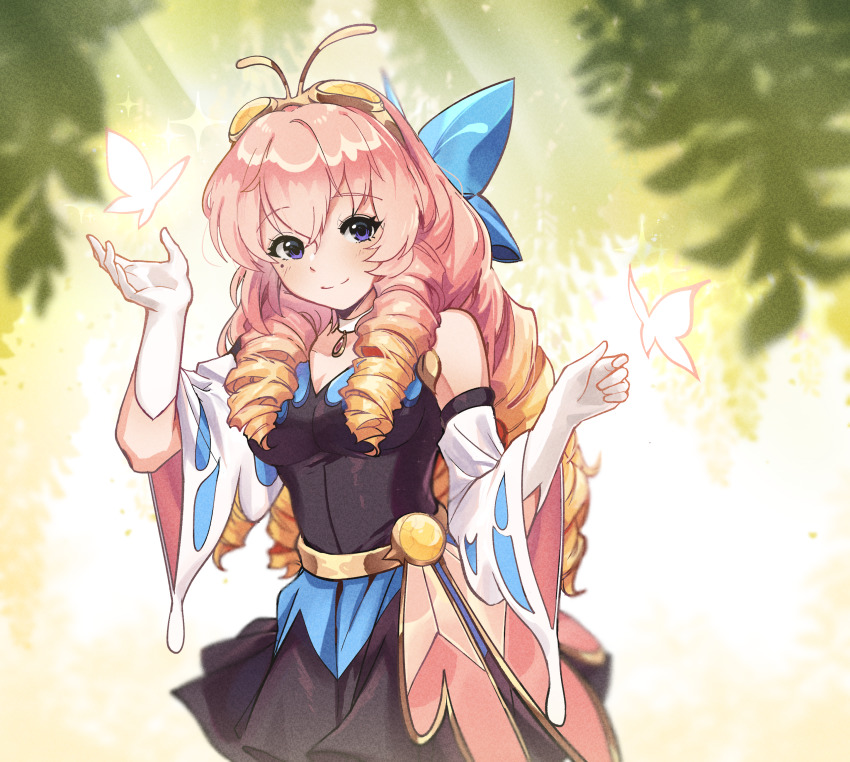1girl absurdres antennae arm_up belt blue_bow blurry bow brawlhalla breasts bug butterfly calamaripop chitin choker cleavage closed_mouth collarbone commentary cowboy_shot curly_hair depth_of_field detached_sleeves drill_hair english_commentary gloves goggles goggles_on_head gradient_hair hair_between_eyes hair_bow hand_up highres insect juliet_sleeves leaf long_sleeves looking_at_viewer medium_breasts messy_hair mole mole_under_eye multicolored_hair official_alternate_costume official_alternate_hair_length official_alternate_hairstyle official_art outdoors pendant_choker pink_hair pink_sleeves promotional_art puffy_sleeves purple_eyes quad_drills ringlets scarlet_(brawlhalla) scarlet_(puella_papilio)_(brawlhalla) shiny_clothes shiny_skin smile soft_focus solo tareme white_choker white_gloves white_sleeves wide_sleeves wings yellow_belt