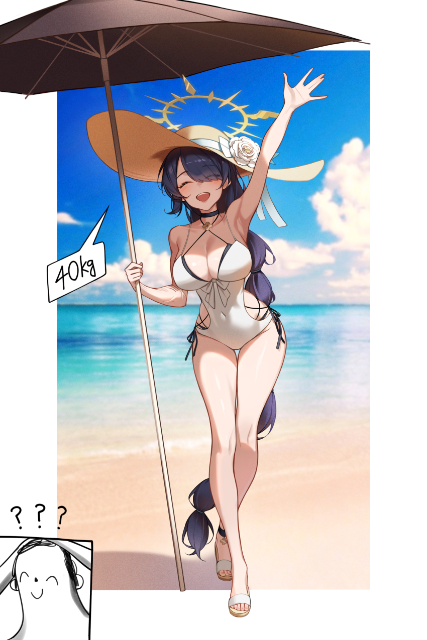 1girl absurdres armpits bikini black_bikini blue_archive braid braided_ponytail casual_one-piece_swimsuit clothing_cutout criss-cross_halter dong_(art_woodong) doodle_sensei_(blue_archive) double_bikini feet flower hair_over_one_eye halo halterneck hat hat_flower highres hinata_(blue_archive) hinata_(swimsuit)_(blue_archive) layered_swimsuit legs official_alternate_costume one-piece_swimsuit one_eye_covered sandals sensei_(blue_archive) side_cutout straw_hat sun_hat swimsuit toenails toes white_one-piece_swimsuit yellow_halo yellow_hat