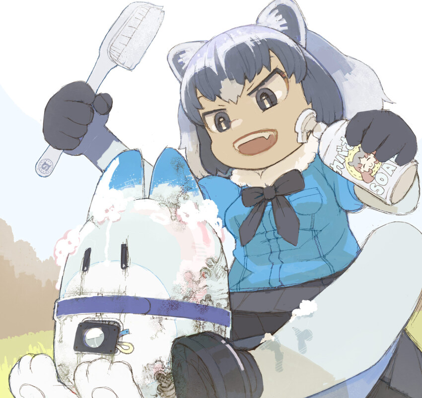 1girl animal_ears between_legs black_eyes black_gloves black_hair black_shoes blue_shirt breasts cable catcar0983 commentary_request common_raccoon_(kemono_friends) elbow_gloves fangs gloves grass grey_gloves grey_hair grey_pantyhose hands_up highres hippopotamus_(kemono_friends) holding holding_brush holding_soap kemono_friends knees_up loafers looking_down lucky_beast_(kemono_friends) medium_breasts multicolored_gloves multicolored_hair open_mouth outdoors pantyhose puffy_short_sleeves puffy_sleeves raccoon_ears raccoon_girl robot shirt shoes short_sleeves sitting smile soap_bubbles solo tsurime washing_another