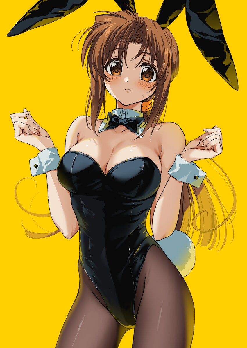 1girl absurdres animal_ears black_leotard black_pantyhose bow bowtie breasts brown_eyes brown_hair chie_(golden_boy) cleavage detached_collar fake_animal_ears golden_boy highres leotard long_hair low_ponytail medium_breasts nikyuppa pantyhose playboy_bunny ponytail rabbit_ears rabbit_tail solo tail w_arms wrist_cuffs yellow_background