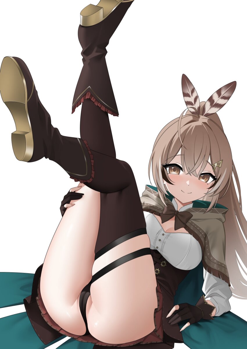 1girl absurdres ahoge ass black_panties blush boots brown_boots brown_cape brown_corset brown_eyes brown_gloves brown_hair cameltoe cape cleavage_cutout closed_mouth clothing_cutout colored_shoe_soles commentary commission corset crossed_bangs double-parted_bangs english_commentary feather_hair_ornament feathers gloves green_cape hair_between_eyes hair_ornament hairclip high_collar high_ponytail highres hololive hololive_english hood hooded_cape kneehighs legs_up long_hair looking_at_viewer miniskirt multicolored_hair nanashi_mumei nanashi_mumei_(1st_costume) panties partially_fingerless_gloves pleated_skirt ponytail presenting presenting_ass raikkonen red_skirt second-party_source shirt simple_background single_kneehigh single_sock single_thighhigh skirt smile socks solo streaked_hair thighhighs three-quarter_sleeves two-sided_cape two-sided_fabric underbust underwear very_long_hair virtual_youtuber white_background white_shirt