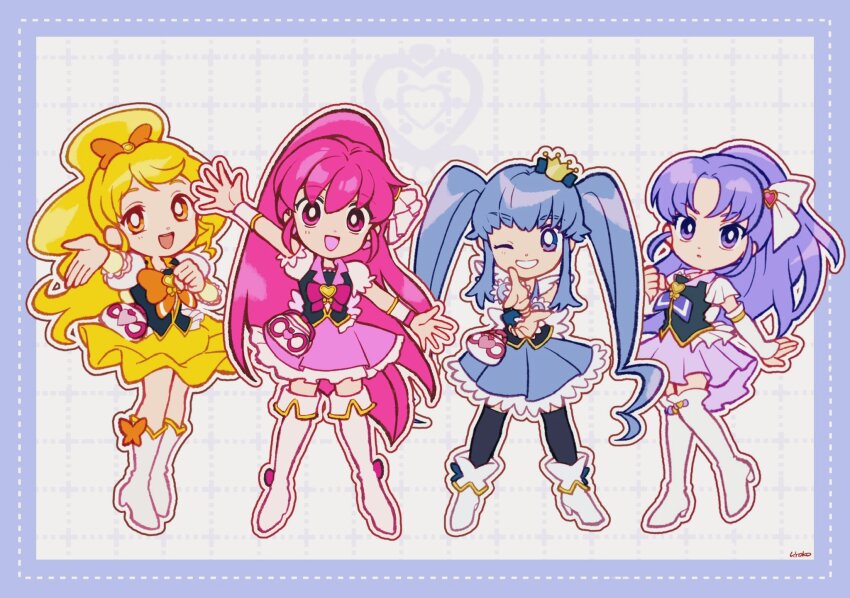 4girls aino_megumi arm_up asymmetrical_skirt back_bow black_shirt black_thighhighs black_vest blonde_hair blue_border blue_bow blue_eyes blue_hair blue_skirt blue_wrist_cuffs boots border bow bowtie bright_pupils brooch circle_skirt clenched_hand collared_vest commentary crown cure_fortune cure_honey cure_lovely cure_princess deformed determined dot_nose dotted_line earrings eyelashes feather_sleeves finger_gun floating_clothes footwear_bow frilled_skirt frilled_sleeves frilled_vest frilled_wrist_cuffs frills full_body gold_crown grey_background grid_background grin hair_between_eyes hair_bow hair_ornament hair_ribbon hand_on_own_chest happinesscharge_precure! happy heart heart_brooch heart_earrings heart_hair_ornament high_heel_boots high_heels high_ponytail highres hikawa_iona jewelry knee_boots lace lace-trimmed_shirt lace_trim lapels legs_apart light_blush long_hair looking_at_viewer magical_girl medium_skirt mini_crown miniskirt multiple_girls notched_lapels one_eye_closed oomori_yuuko open_mouth orange_bow orange_bowtie orange_eyes outline outside_border outstretched_arm outstretched_arms own_hands_together parted_bangs parted_lips pink_bow pink_eyes pink_hair pink_skirt pleated_skirt pleated_sleeves ponytail precure puffy_short_sleeves puffy_sleeves purple_bow purple_bowtie purple_eyes purple_hair purple_skirt ribbon ringlets shirayuki_hime shirt short_sleeves sidelocks signature skirt smile standing straight-on tareme teeth thigh_boots thighhighs tsurime twintails upper_teeth_only uwded_207 v-shaped_eyebrows very_long_hair vest waist_bag watch wavy_hair white_arm_warmers white_bag white_boots white_bow white_outline white_pupils white_ribbon white_sleeves white_wrist_cuffs wrist_cuffs wristwatch yellow_arm_warmers yellow_bow yellow_skirt