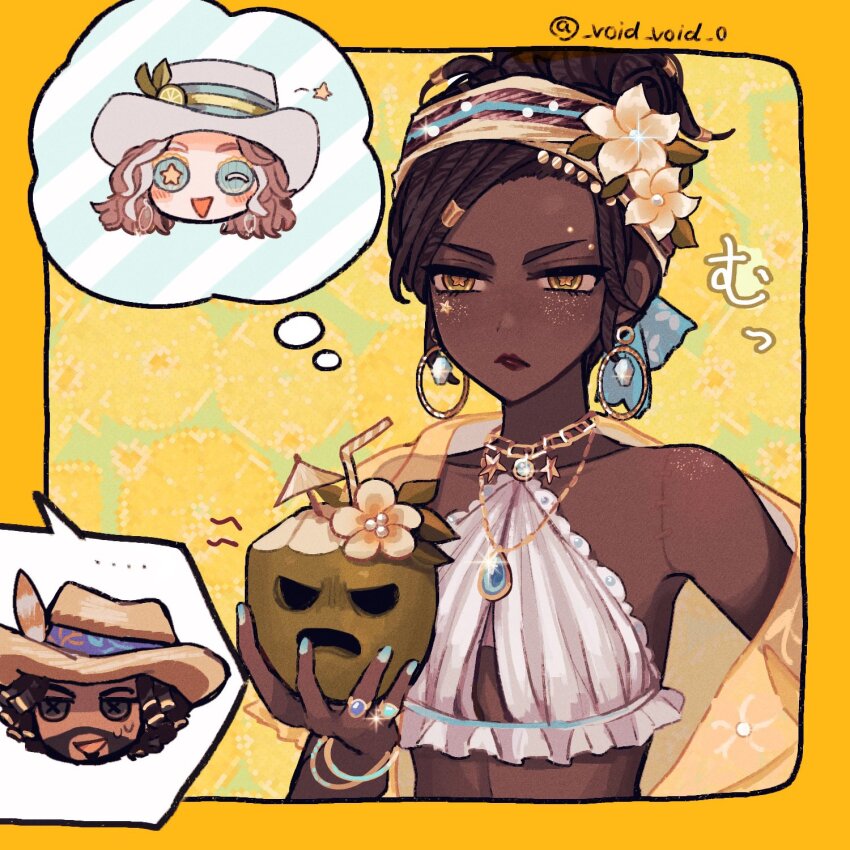 1boy 2girls bikini blue_gemstone blue_nails brown_hair brown_lips chain chain_necklace chibi coconut_cup commentary_request cowboy_hat dark-skinned_female dark_skin demi_bourbon demi_bourbon_(sea_salt_mocktail) dreadlocks earrings eyebrow_piercing face_piercing facial_hair flower flower-shaped_pupils food fruit gem glitter_makeup gold_chain hair_flower hair_ornament hair_tubes hairband hat highres hoop_earrings identity_v jewelry kevin_ayuso kevin_ayuso_(island_tourist) lime_(fruit) lime_slice multiple_girls necklace official_alternate_costume one_eye_closed patricia_dorval patricia_dorval_(tropical_holiday) pendant piercing ring side_part small_sweatdrop solo_focus swimsuit symbol-shaped_pupils tendenbarabara twitter_username updo upper_body white_bikini white_hat white_streaks yellow_eyes