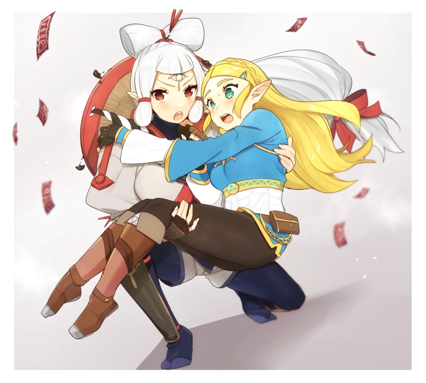 2girls :o black_pants blonde_hair blurry blurry_background blush braid breasts brown_gloves brown_pants carrying eye_symbol facial_mark fingerless_gloves forehead_mark gloves green_eyes hair_ornament hairclip highres holding hyrule_warriors:_age_of_calamity impa large_breasts long_hair multiple_girls nintendo on_one_knee open_mouth pants pantyhose pointy_ears princess_carry princess_zelda red_eyes sheikah shorts teeth the_legend_of_zelda the_legend_of_zelda:_breath_of_the_wild ttanuu. upper_teeth_only white_hair