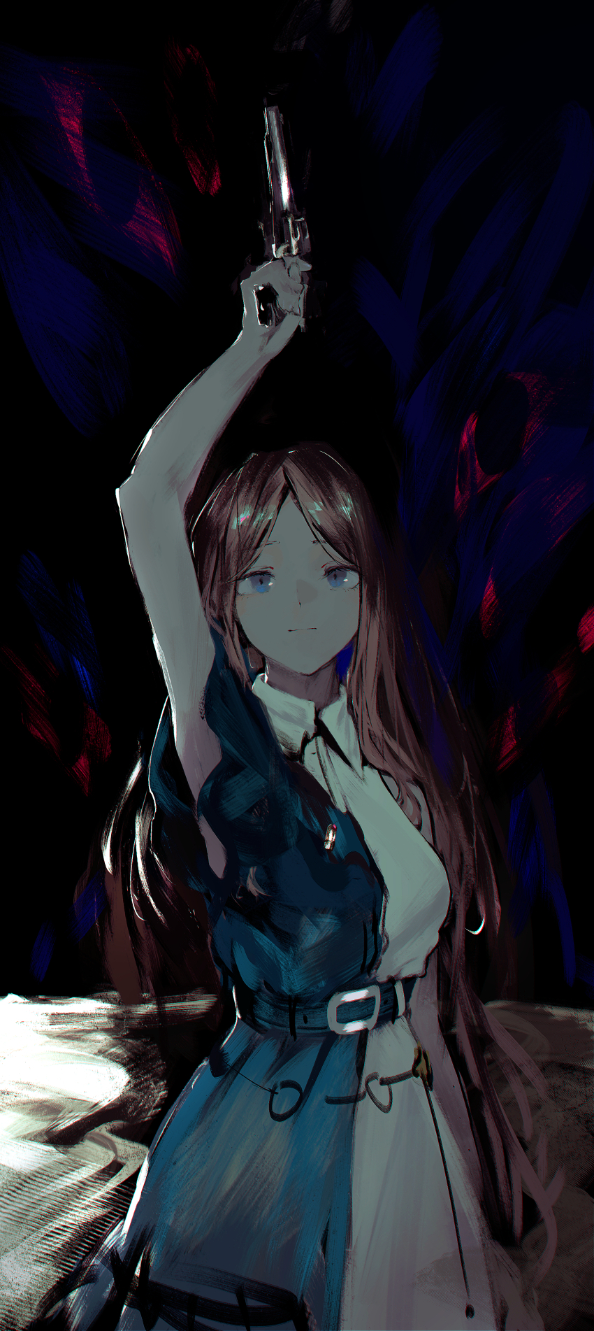 1girl absurdres arm_up bang_dream! bang_dream!_it&#039;s_mygo!!!!! blue_eyes brown_hair chinese_commentary closed_mouth commentary_request dress gun handgun highres holding holding_gun holding_weapon lemtun long_hair nagasaki_soyo revolver short_sleeves sidelocks solo weapon white_dress
