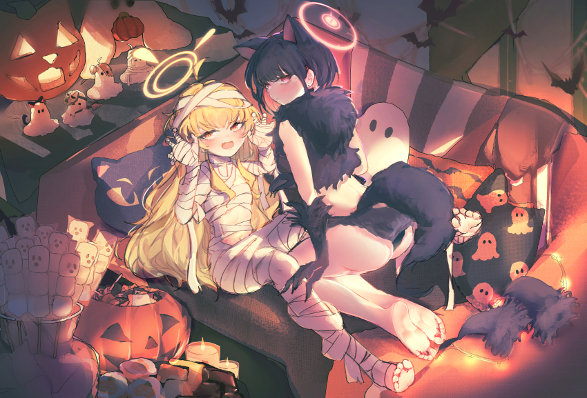 2girls absurdres animal_ears black_hair blonde_hair blue_archive halloween_costume halo highres kazusa_(blue_archive) kazusa_(halloween)_(blue_archive) long_hair multiple_girls mummy_costume official_alternate_costume short_hair troble7410 yoshimi_(blue_archive) yoshimi_(halloween)_(blue_archive)
