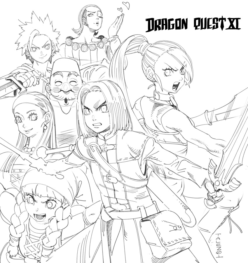 3girls 4boys artist_name belt_pouch blowing_kiss braid camyu collar conto copyright_name dragon_quest dragon_quest_xi dual_wielding fez_hat greyscale hairband headscarf heart hero_(dq11) highres holding holding_sword holding_weapon jewelry martina_(dq11) monochrome multiple_boys multiple_girls muscular necklace open_mouth pearl_necklace ponytail pouch reverse_grip row_(dq11) senya_(dq11) sketch sword sylvia_(dq11) twin_braids v-shaped_eyebrows veronica_(dq11) weapon