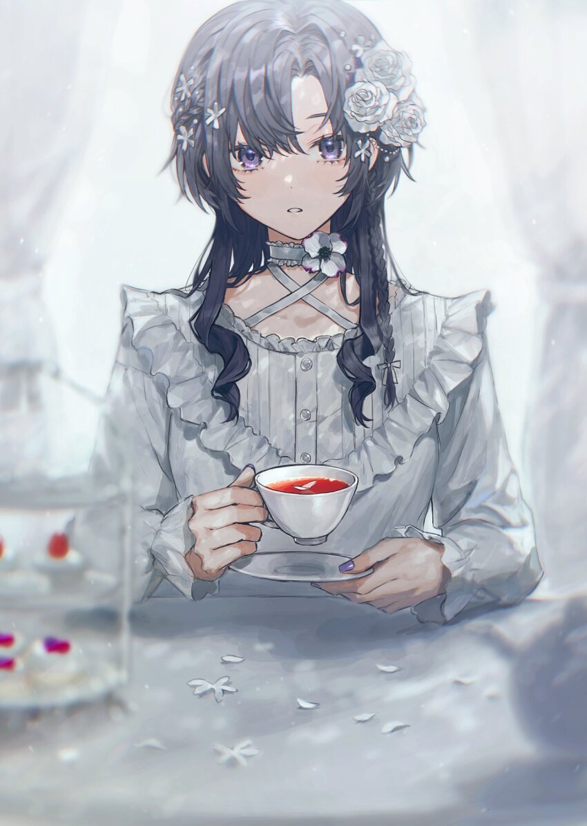 1girl against_table arm_rest blurry breasts cake_stand chair choker criss-cross_halter cup curtained_hair curtains depth_of_field flower fujishiro74 hair_flower hair_ornament halterneck highres holding holding_cup holding_saucer light_particles long_hair long_sleeves looking_ahead looking_at_viewer nail_polish on_chair original parted_lips poet_sleeves purple_eyes purple_hair purple_nails rose saucer shirt side_part sidelocks sitting small_breasts solo straight-on table teacup teapot white_choker white_flower white_rose white_shirt wolf_cut