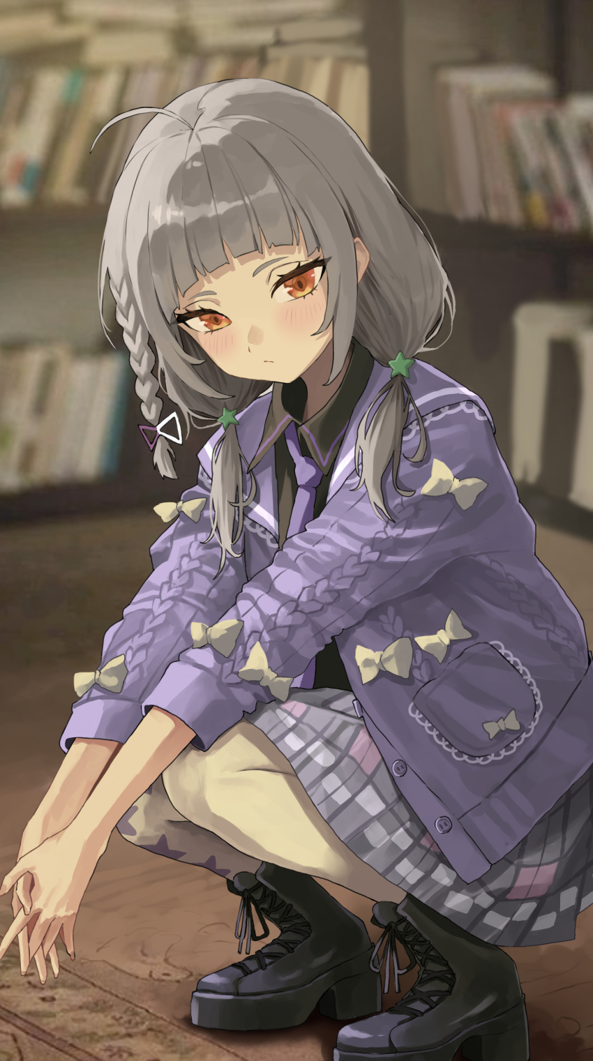 1girl absurdres ankle_boots art_mu asymmetrical_legwear blunt_bangs blurry blurry_background blush boots bow braid cardigan collared_shirt grey_hair hair_ornament high_heel_boots high_heels highres hololive lace-up_boots looking_at_viewer low_twintails murasaki_shion murasaki_shion_(school_uniform) necktie orange_eyes pantyhose platform_boots platform_footwear shirt skirt slit_pupils solo squatting star_(symbol) star_hair_ornament twintails virtual_youtuber