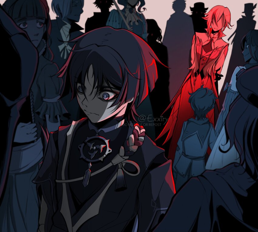 5girls 6+boys arlecchino_(genshin_impact) arms_at_sides arms_behind_back asymmetrical_sidelocks backlighting black_hair black_kimono blunt_ends closed_mouth coat coattails doll_joints exxiry eyeliner eyeshadow facing_another genshin_impact grey_eyes hair_between_eyes han&#039;eri hand_on_own_arm highres japanese_clothes jewelry joints kimono layered_kimono layered_sleeves long_sleeves looking_past_viewer makeup mitsudomoe_(shape) multiple_boys multiple_girls neck_ring no_eyes open_clothes open_kimono pants partially_shaded_face red_eyeliner red_eyeshadow red_light rope scaramouche_(genshin_impact) shimenawa short_sleeves silhouette tomoe_(symbol) twitter_username wavy_mouth white_kimono wide-eyed
