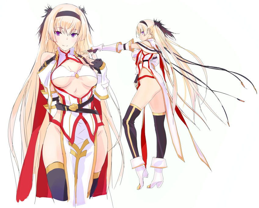 altair_(sennen_sensou_aigis) blonde_hair breasts headband highres kawagishi_keitarou long_hair looking_at_viewer no_panties pelvic_curtain profile purple_eyes sennen_sensou_aigis smile underboob very_long_hair wagi